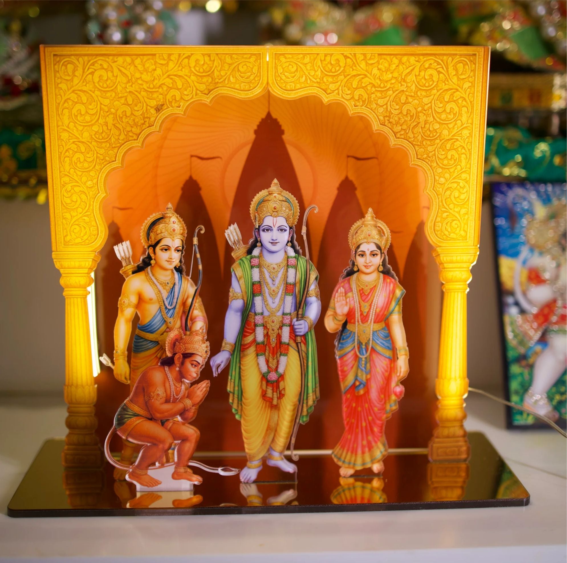 3D Acrylic Figurine of Lord Rama, Sita & Hanuman with Neon Temple Backdrop | 12x12 Inch