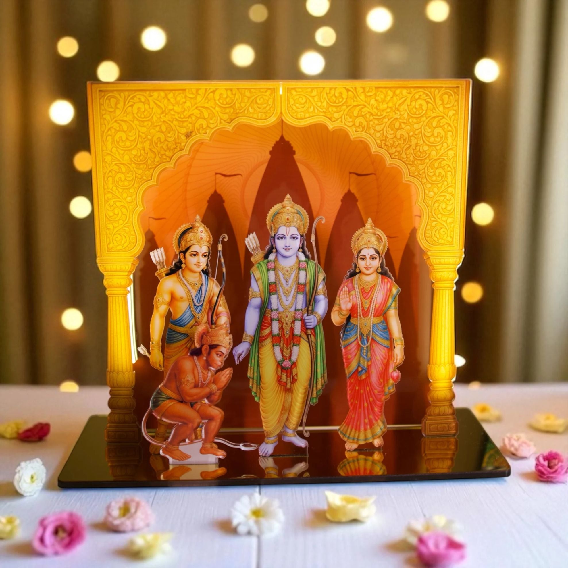 3D Acrylic Figurine of Lord Rama, Sita & Hanuman with Neon Temple Backdrop | 12x12 Inch